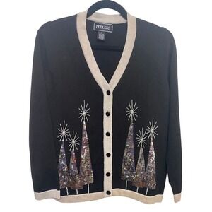 Terazzo Christmas Embellished Cardigan Sweater women's size Small black & silver
